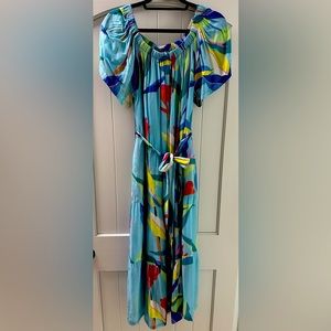 Oliphant- On Off Shoulder Pocket Midi Dress- Botanica Blue- Size L